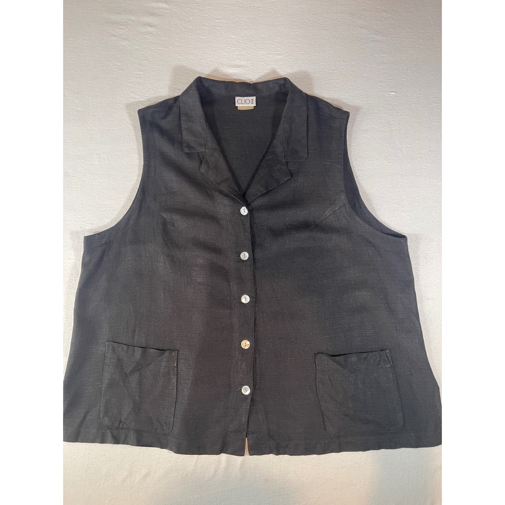 Clio II Womens Black Linen Blend Sleeveless Button Down Vest Plus Size 3X USA